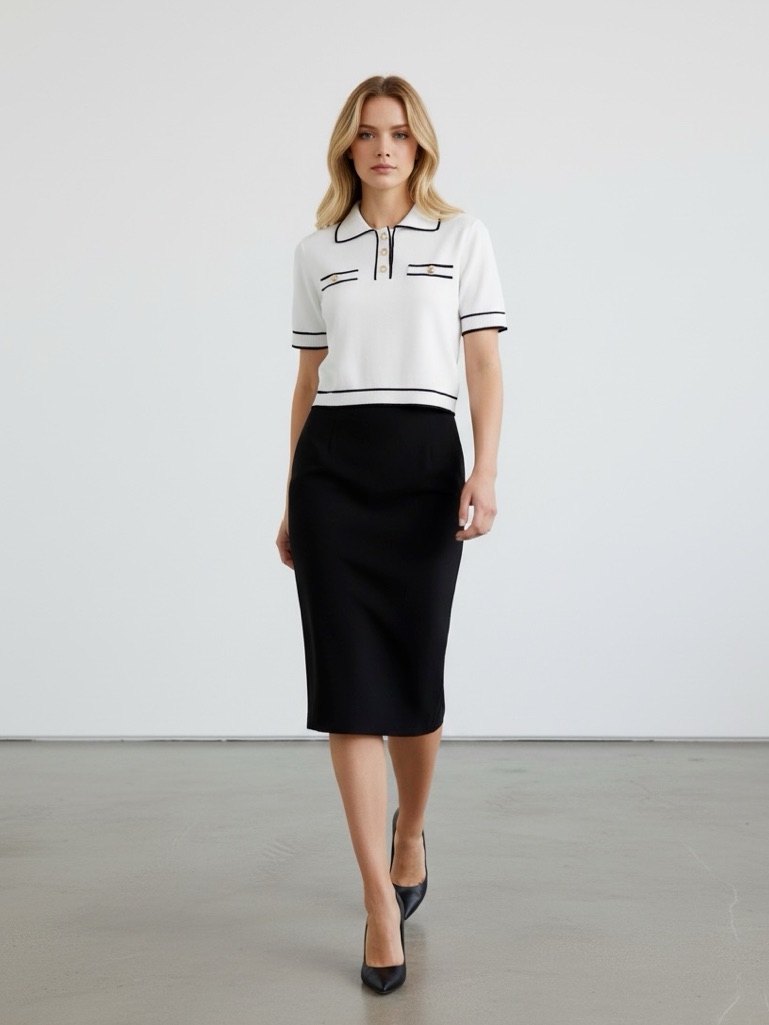 1283 White Black Trimmed Dash Pocket Collared Knit Top W/Warm Chrome Buttons
